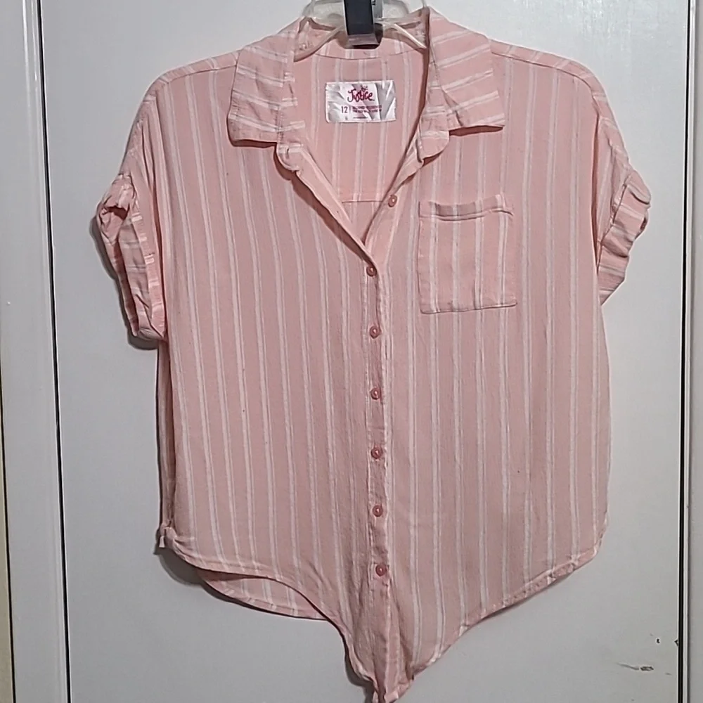 JUSTICE Girls Pink White‎ Striped Button Up Tie at Waist Blouse - Size 12